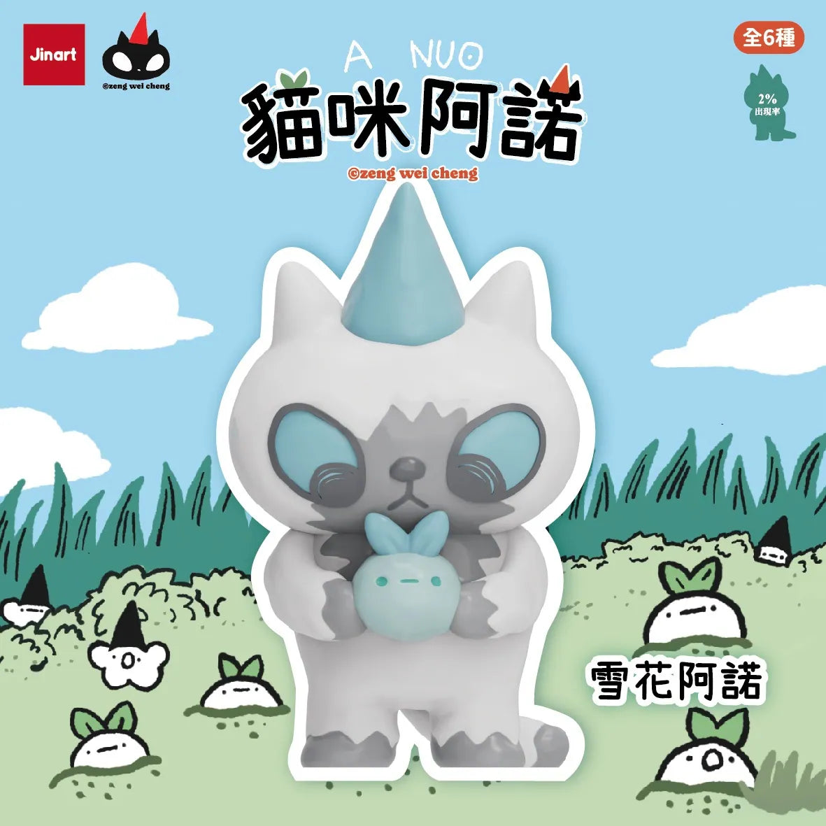 Snowflake A Nuo vinyl figure from 'A NUO the Cat Blind Box' series, featuring a white-gray cat with blue party hat and bunny companion, limited edition.