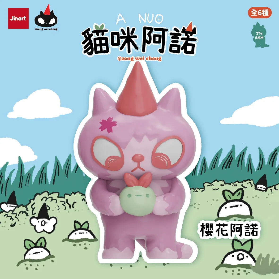 A NUO the Cat Blind Box features a pink-lavender cat with a unicorn horn, holding a sprout-radish, part of a limited edition vinyl toy series.
