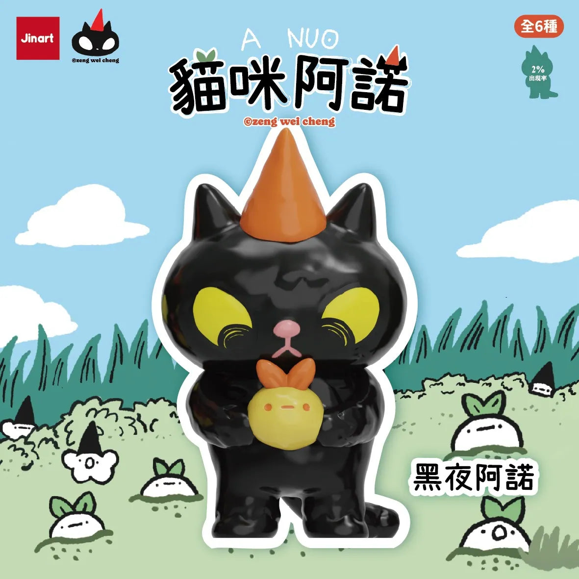 A NUO the Cat Blind Box: Glossy black cat vinyl toy with yellow eyes, orange hat, holding a yellow vegetable character, from a farm-themed collectible series.