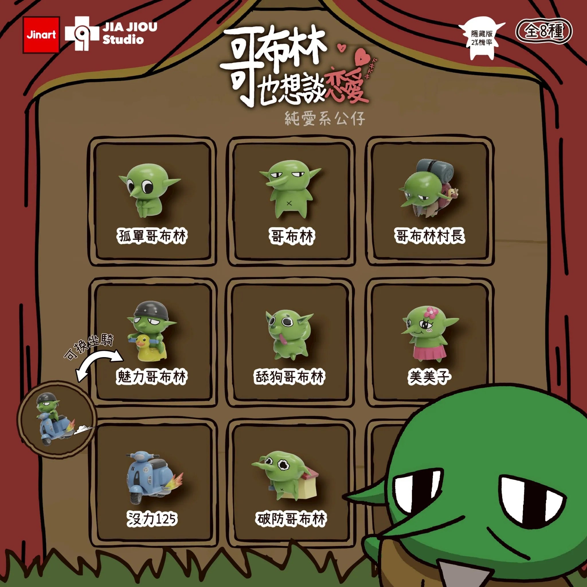 Even Goblins Want to Fall in Love Series Blind Box: 3x3 grid of 8 goblin figures, plus a hidden version, showcasing unique designs by Jia Jiou Studio.