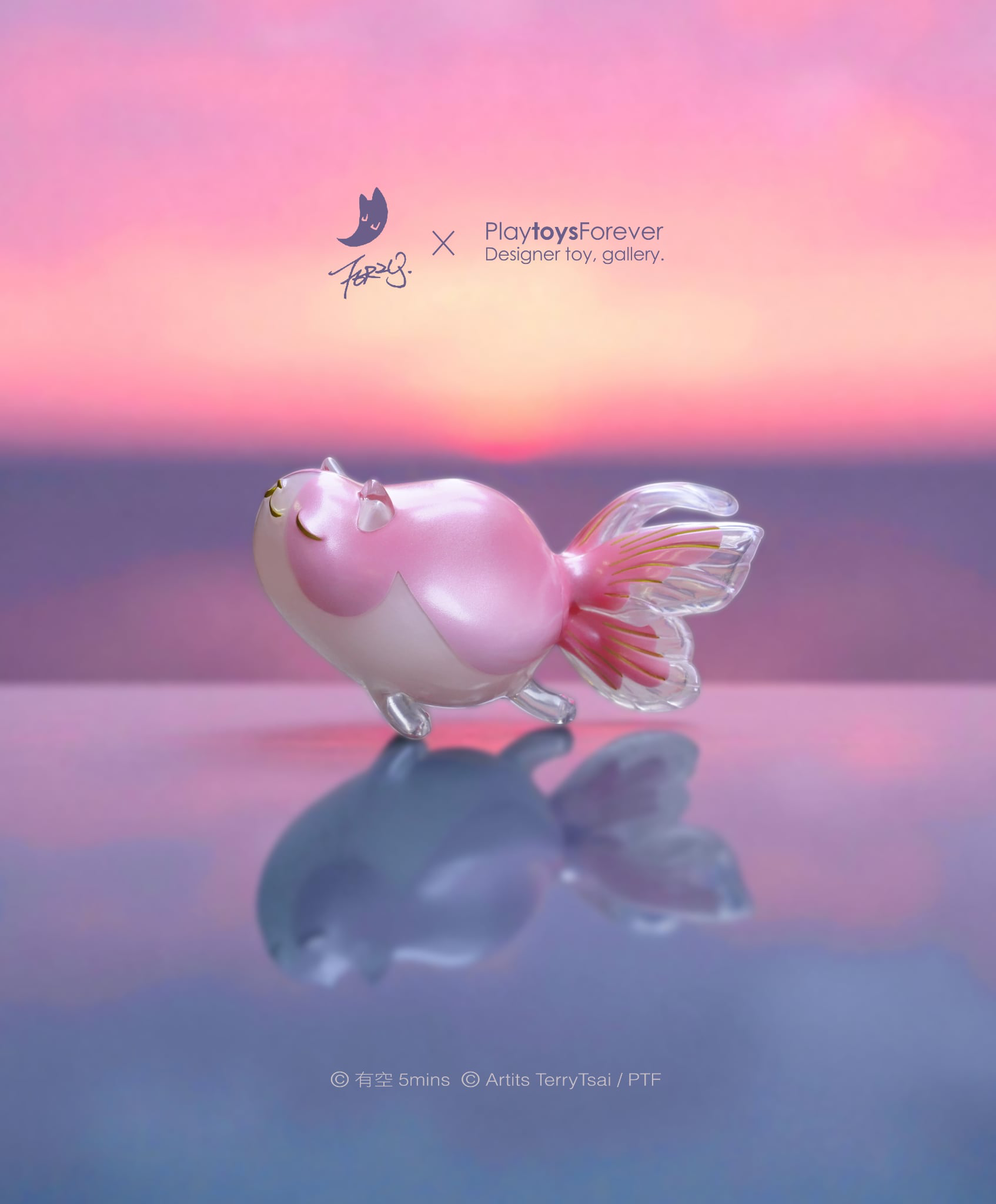 Fishcat Tisha Pink Sunset by Terry Tsai, a limited-edition designer toy, features a chubby cat-goldfish hybrid in glossy pearlescent pink with translucent fins.