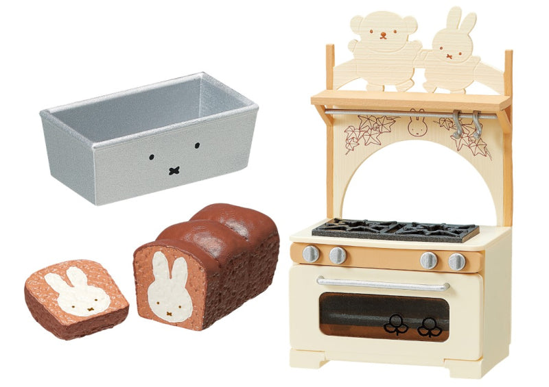 miffy Natural Kitchen Re-ment Blind Box Series toy baking set with a bunny-face bread loaf, slices, loaf pan, and wooden stove featuring cartoon bunnies.