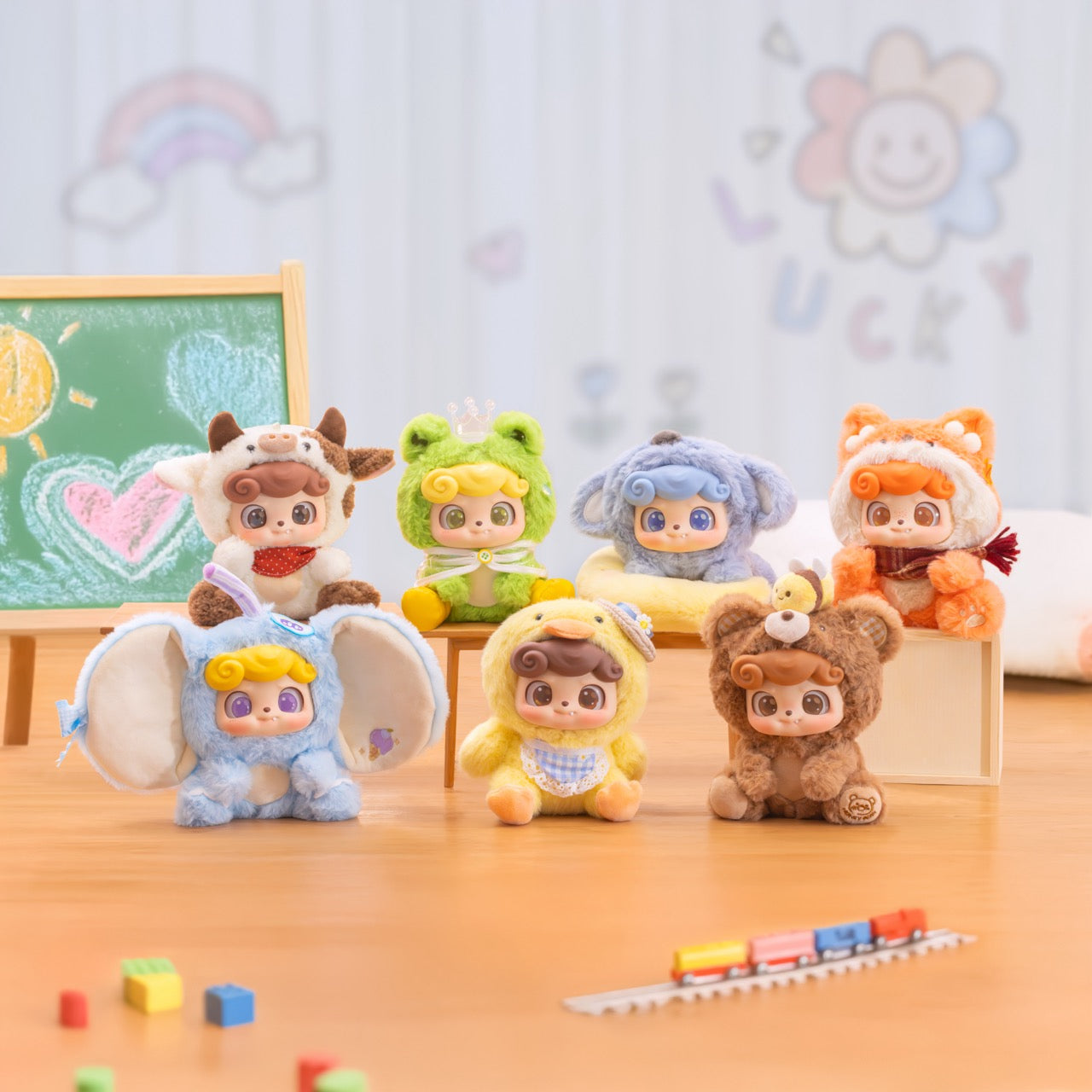 Q.Kid Animal Preschool Series Plush Blind Box featuring a mix of adorable stuffed animal designs displayed on a table, reflecting Strangecat Toys’ unique blind box offerings.