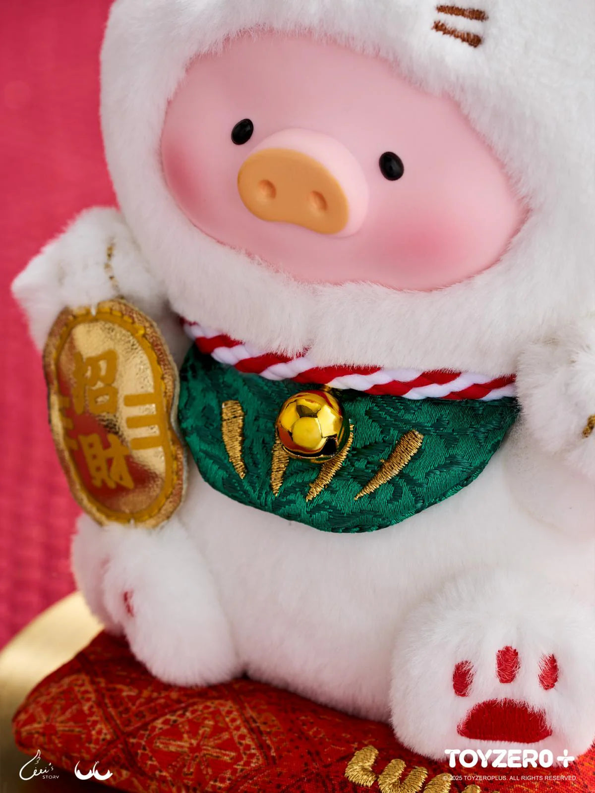LuLu the Piggy - 'Lucky Meow On My Hand' plush keychain, blending a piglet and lucky cat, with coin and bell, on a cushion.