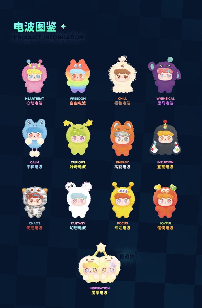 Q. Kid Wave Club Series Plush Blind Box poster showcasing 13 unique mood-themed figures, featuring 12 regular designs plus a secret collectible.