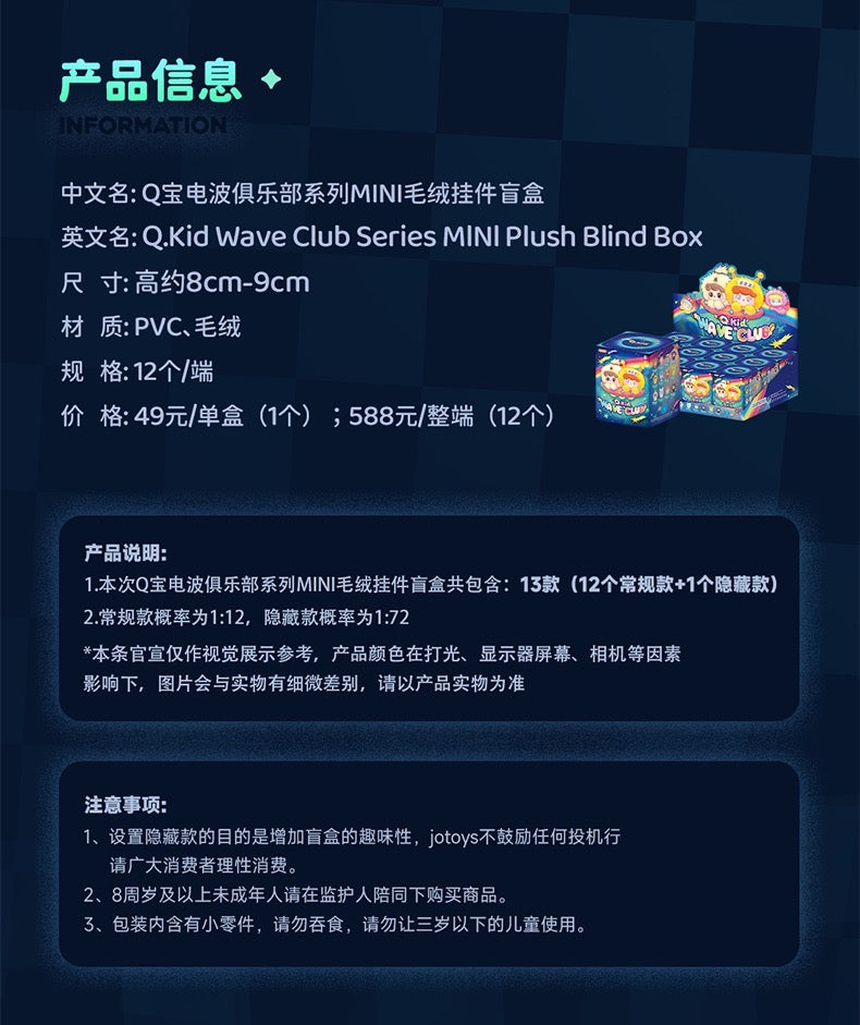 Q. Kid Wave Club Series Plush Blind Box poster detailing toy specs, pricing, and collection odds for a blind-box art toy series.