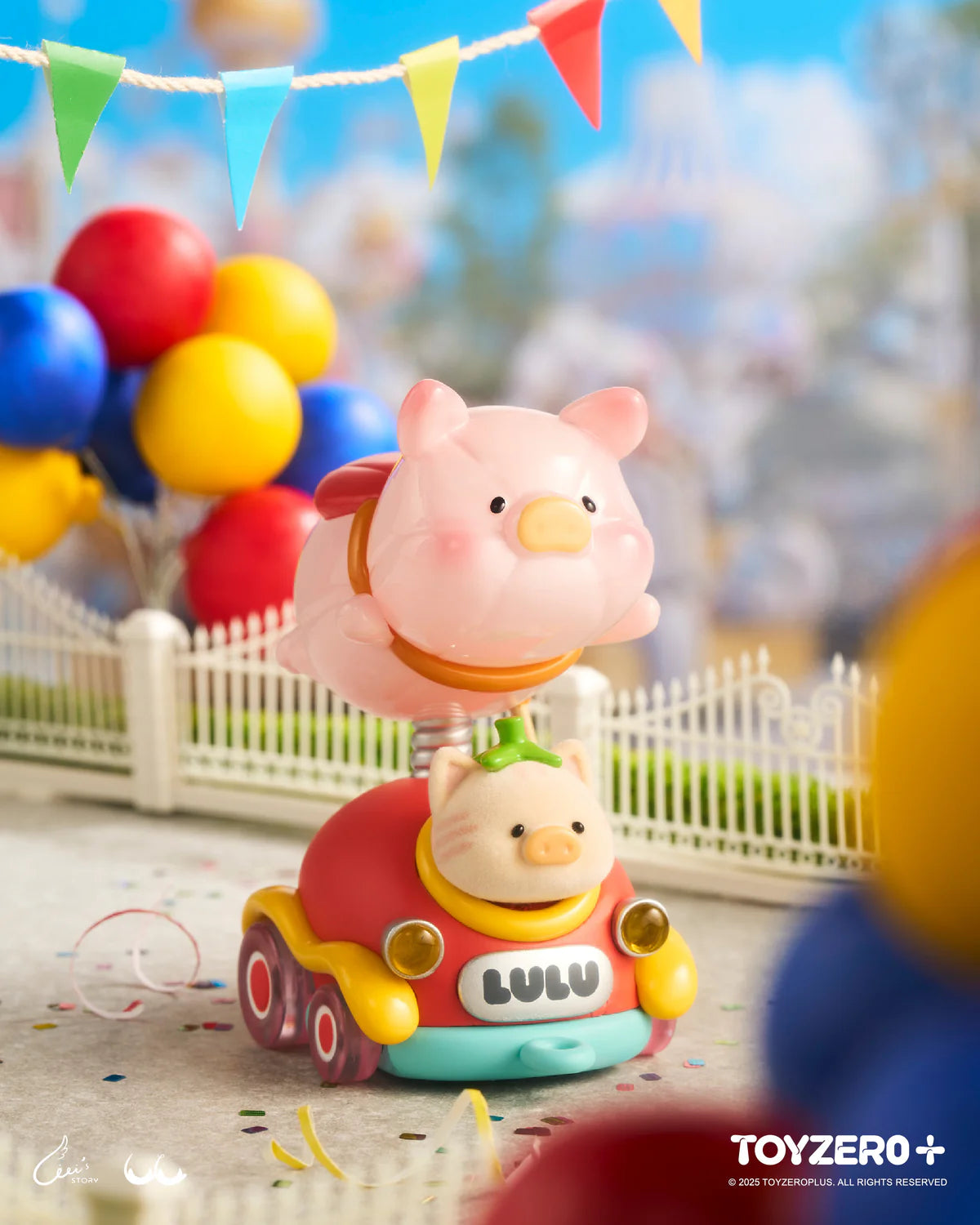 LuLu the Piggy - LuLuLand Series Blind Box features a playful pig duo atop a festive-themed car, capturing a whimsical carnival atmosphere.