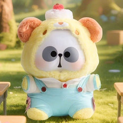 MR. PA Animal's After-School Diaries Series Plush Blind Box 400% features a plush toy in a yellow bear hood with a cupcake decoration atop.