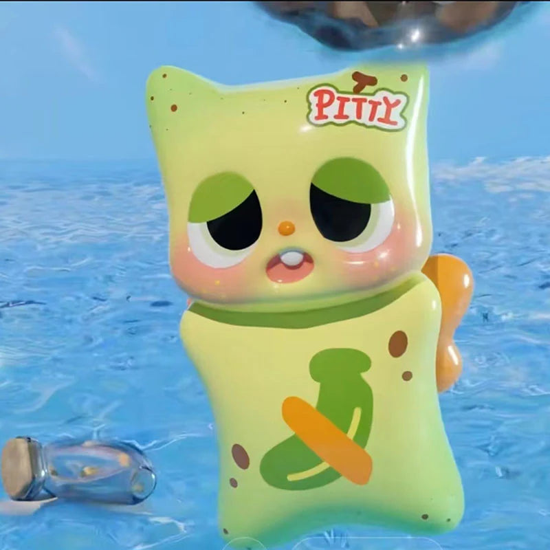 Pitty's Soul Bottle Blind Box Series featuring cartoon characters, including a yellow face and green-orange logo, part of a collectible toy set.