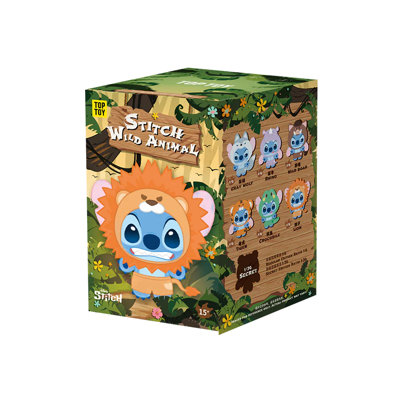 Stitch Wild Animal Series Plush Blind Box - Preorder featuring Stitch in a lion costume, includes six animal variants and one secret figure.