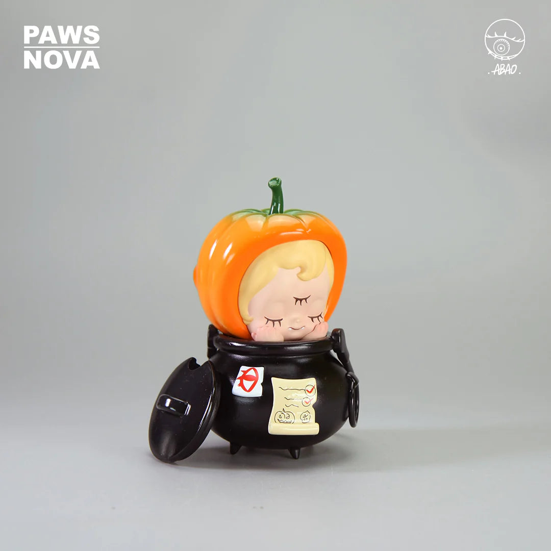 ABAO PUMPKIN SOUP DEDE figurine features a sleeping child in a cauldron with pumpkin helmet. Includes checklist design. Preorder for February 2026 delivery.