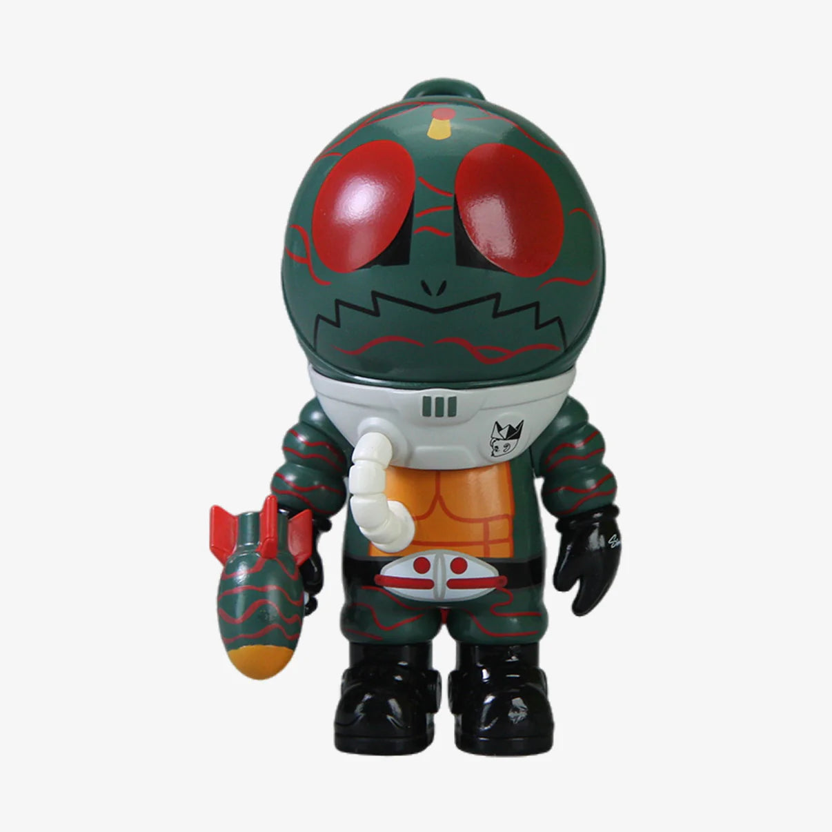 SAMSAM ADVENTURER X KAMEN RIDER BLIND BOX figure with green head, red details, and sci-fi vibe, holding a bomb accessory. Part of a collectible series.