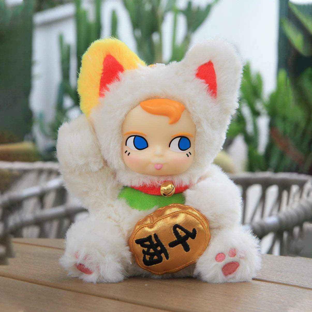 SAMSAM FORTUNE CAT PLUSH Blind Box: A plush toy with a baby-doll face and embroidered coin, featuring one of six collectible designs.