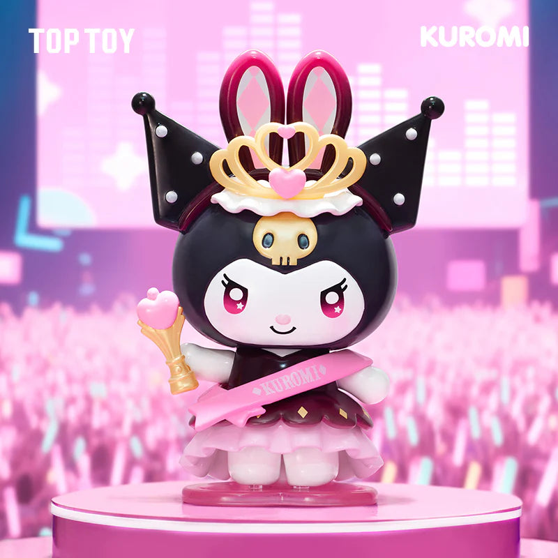 Kuromi Sparking Idol Series Blind Box: Collectible figure in pop-idol attire with scepter, part of a surprise set of 8, featuring a rare secret variant.