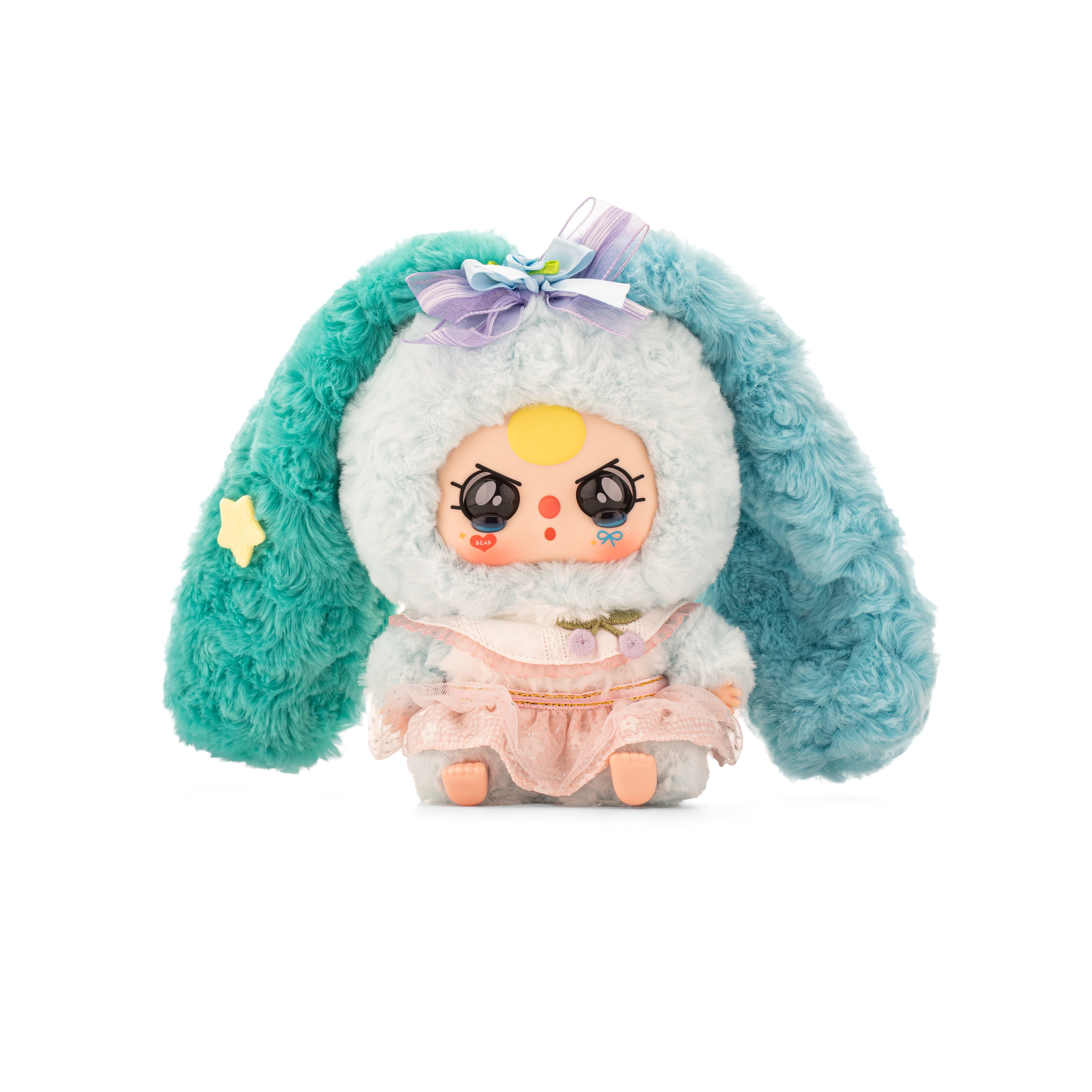 Baby Three - Lily Rabbit Town 4 doll in a mint-green bunny suit, with oversized eyes, pastel bow, pink lacy dress, and embroidered cherries.