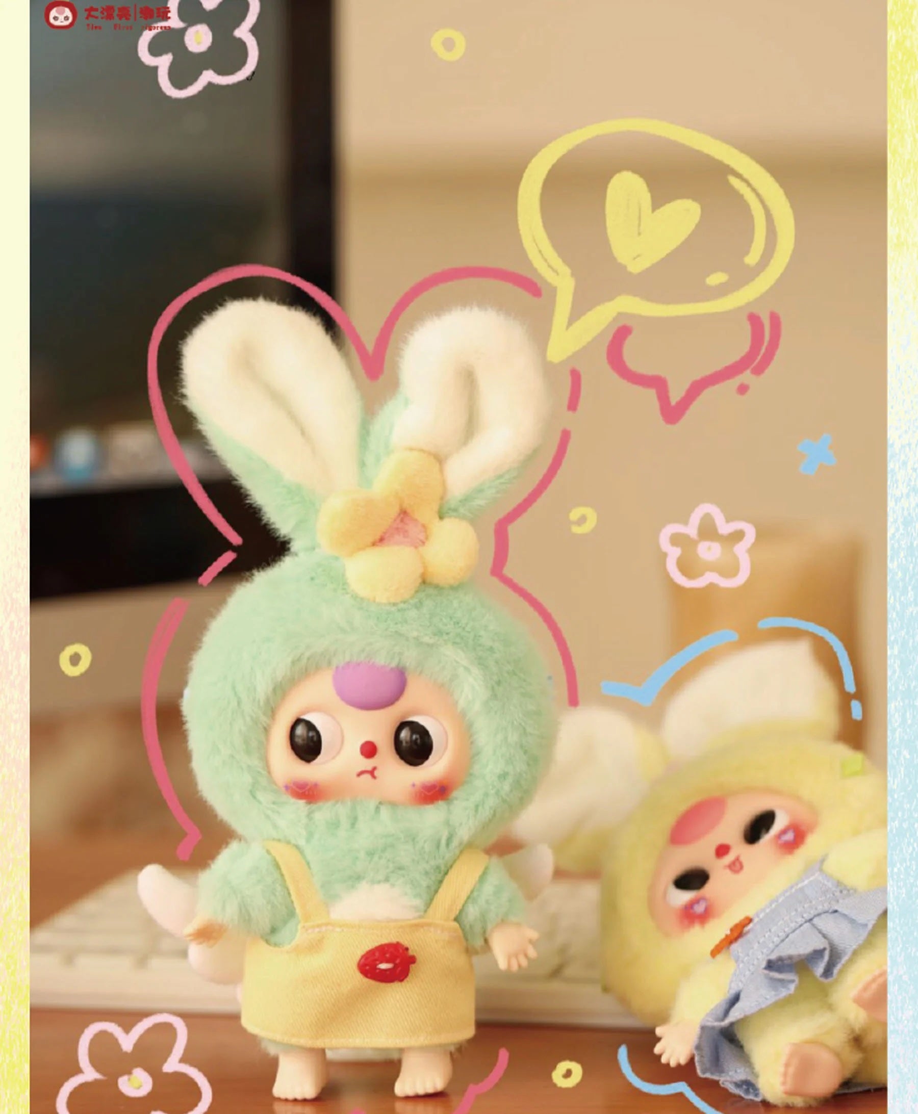 Baby Three Macaron Rabbit Plush Keychain Blind Box, featuring various stuffed animal designs, available for preorder, shipping late April 2025.
