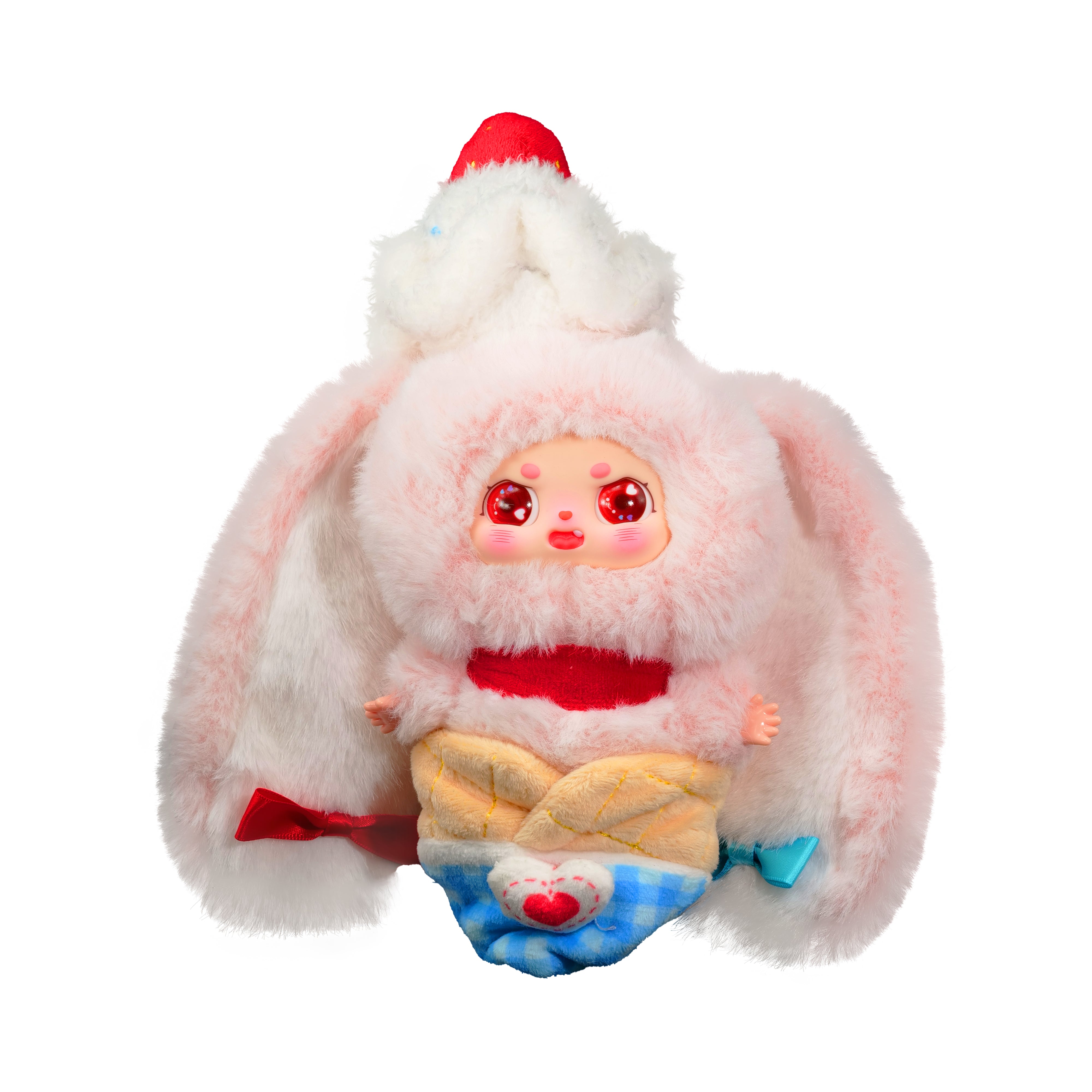 Baby Three - Little Fatty plush toy in a pastel-pink bunny costume with floppy ears, red and blue ribbons, quilt-patterned base, and a red fuzzy collar.