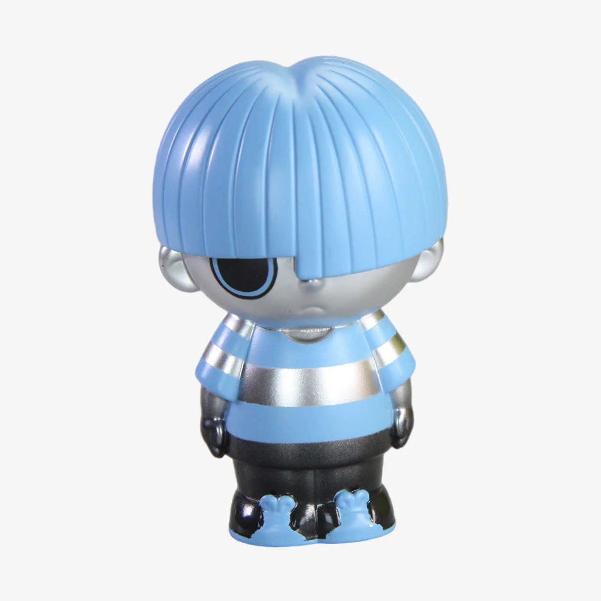 GRAPE BRAIN x ABAO BLINDBOX (SILVER AND BLUE) vinyl figure with metallic-silver body, sky-blue bowl-cut hair, and striped torso, showcasing minimalist, urban design.