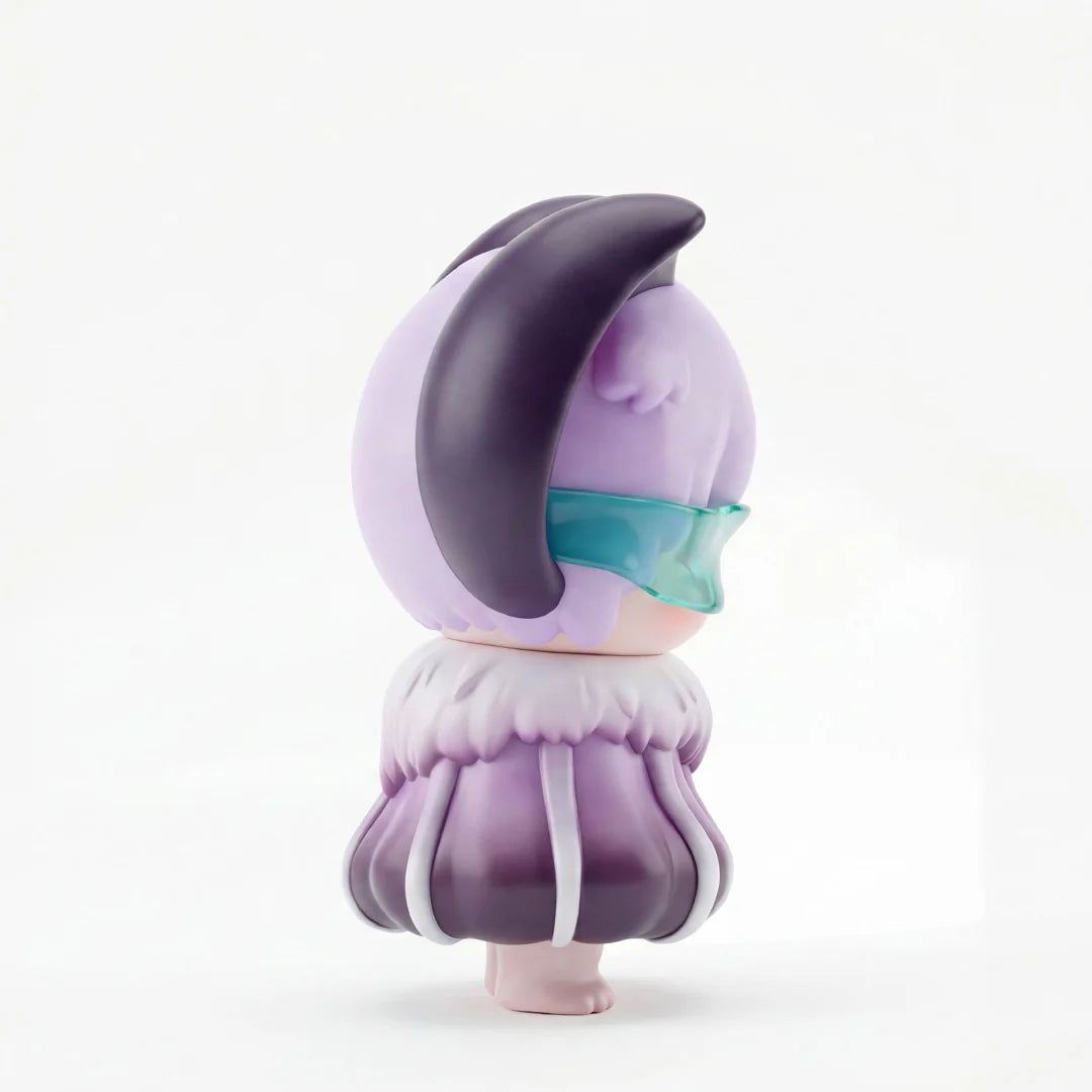 ABAO x Yoyo Yeung Batti Limited Sofubi Figure - Preorder; chibi-style art toy with horn-like ears, lavender hair, teal visor, puffy skirt.