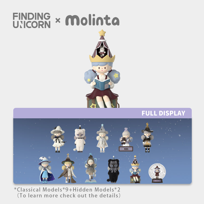 Molinta Chasing Light Series Blind Box poster featuring a large 3D girl figure and lineup of mini-figures, including secret moon, star, and unicorn-themed characters.