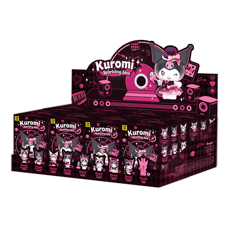 Kuromi Sparkling Idol Series Blind Box display with collectible mini-figures in various idol outfits, featuring surprise elements and a rare secret figure option.