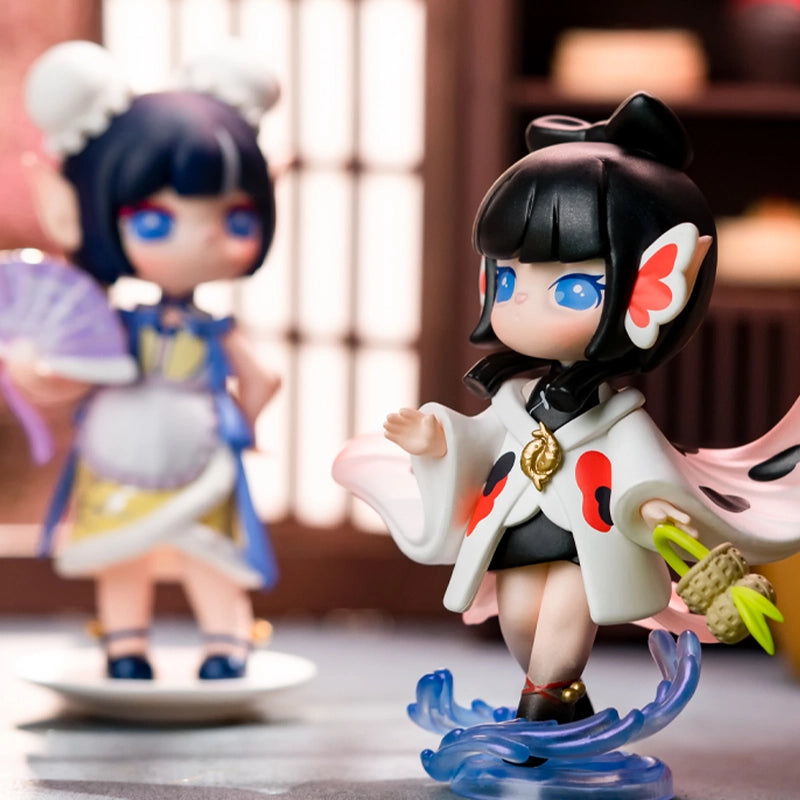 Paradise Guardians Blind Box Series: Chibi-style figures with kimono and fan, on water-themed base, part of collectible resin figure set from Strangecat Toys.