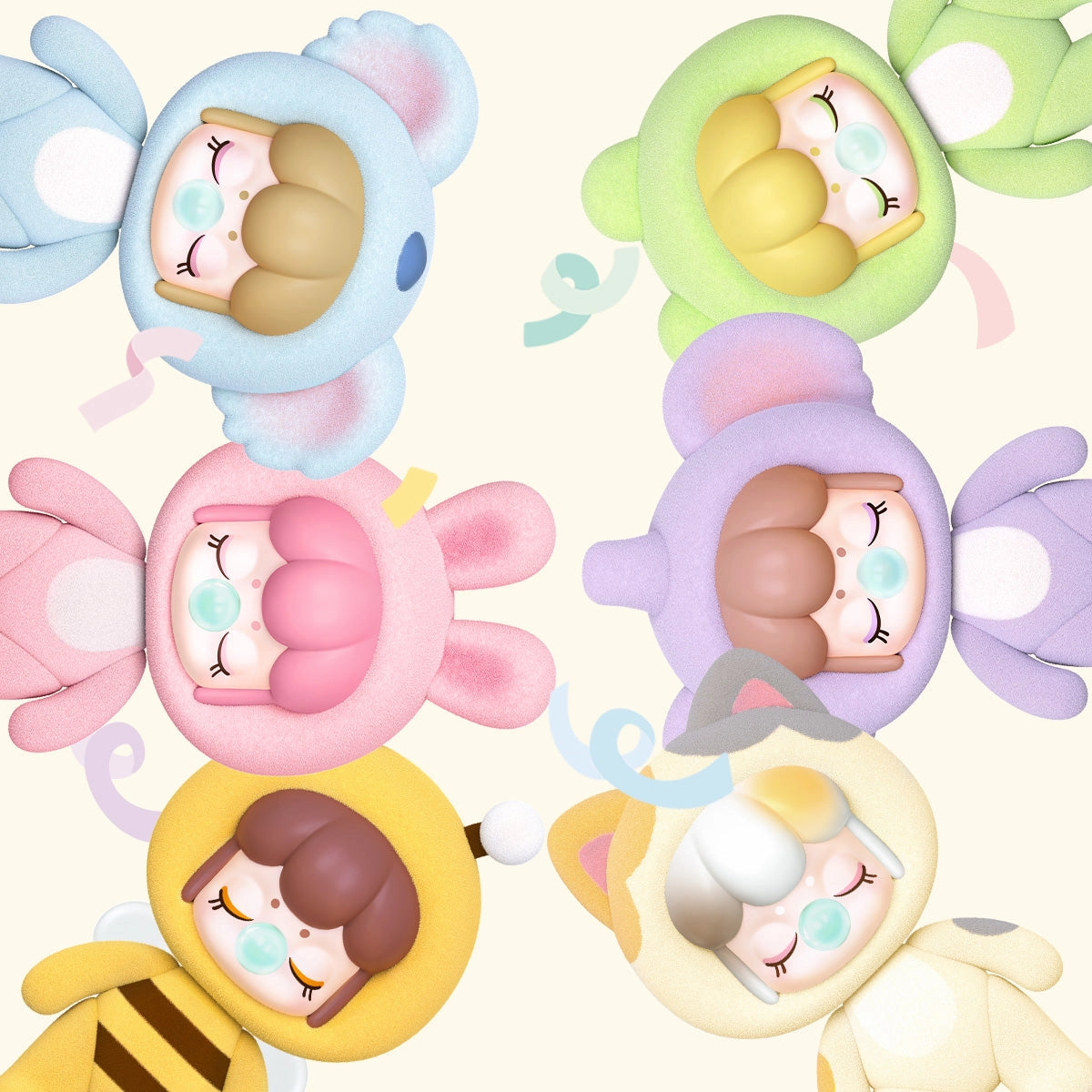 Baby Nanci Fluffy Party Blind Box Series features six whimsical characters in animal onesies, blowing bubbles, perfect for collectors seeking charming mystery figures.