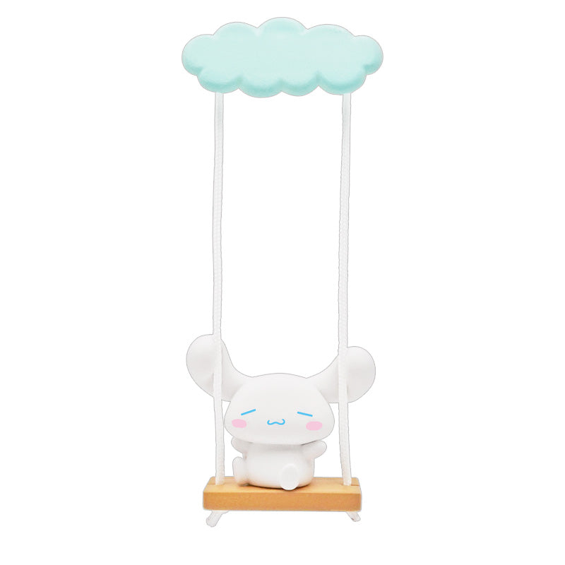 Sanrio Characters Swing Gacha Series figurine with oversized ears on a wooden swing, attached to a pastel-blue cloud, ideal for desktop display.