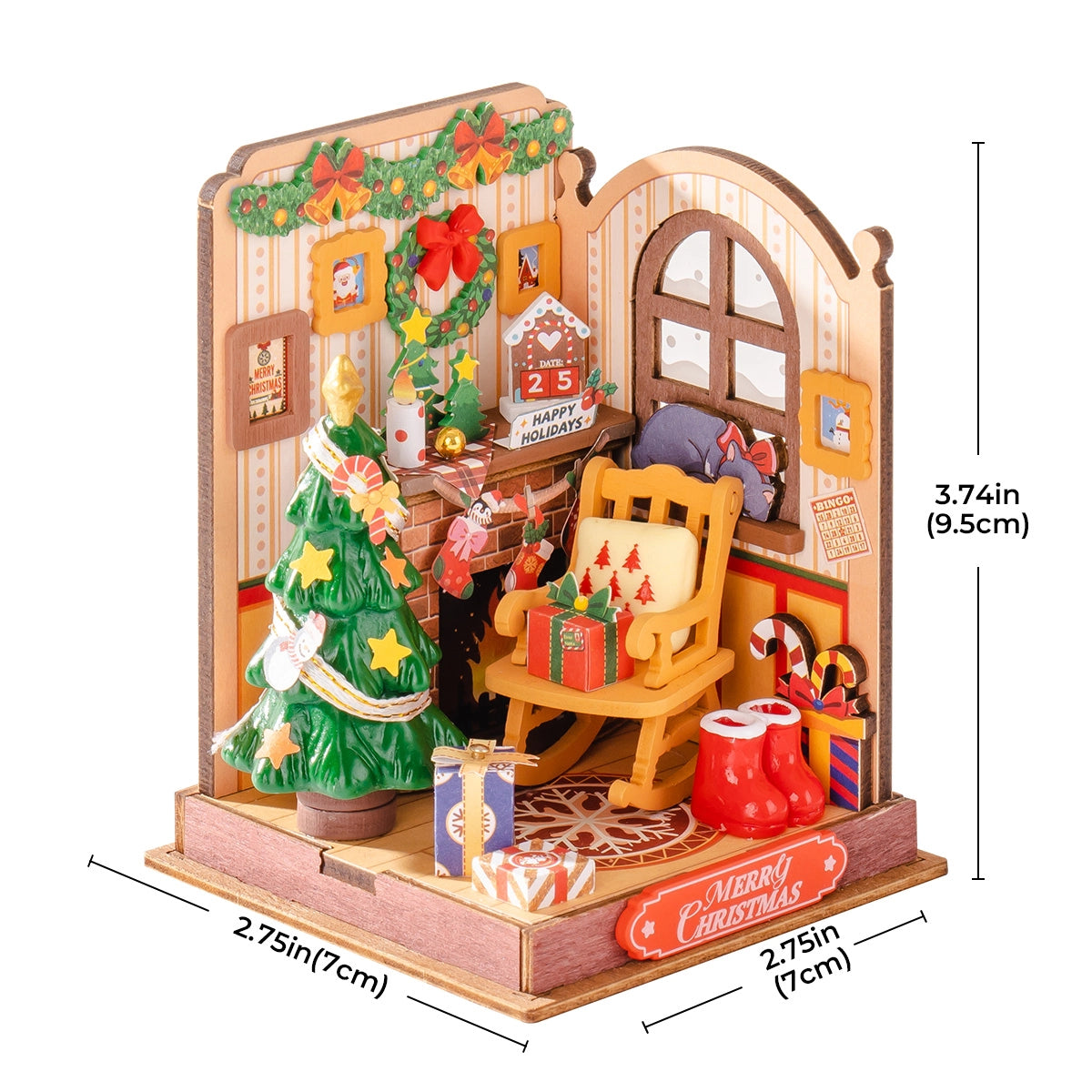 Rolife DIY Miniature House - Christmas Fireplace DS041: A detailed 3D wooden diorama featuring a festive holiday room with a Christmas tree, stockings, and countdown block.