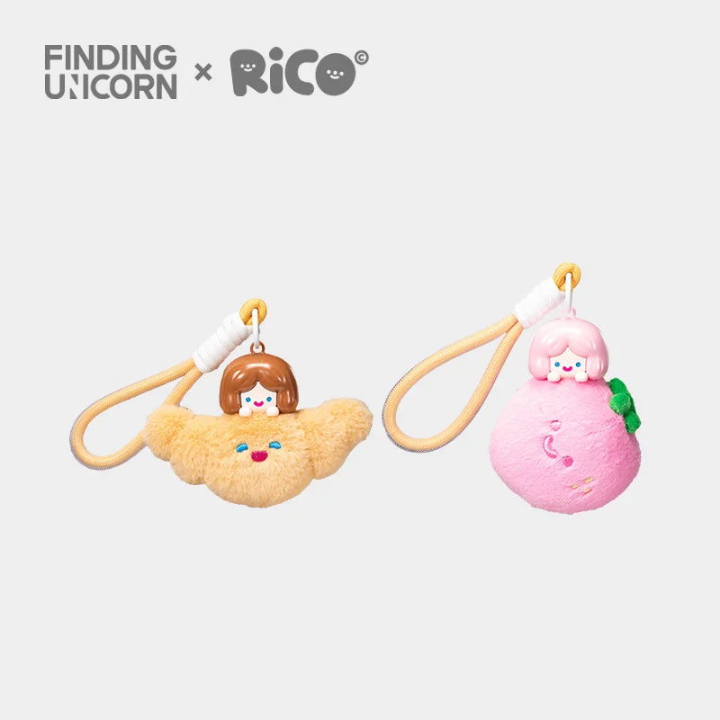 FINDING UNICORN RiCO Dessert Party Plush Aromatherapy Blind Box featuring croissant and peach-themed plush keychain charms with smiling faces and plastic girl heads.