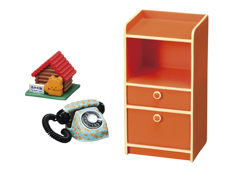 Showa Retro Memories My Room Re-ment Blind Box Series featuring a cabinet, floral phone, and log cabin with cat, showcasing nostalgic miniatures.