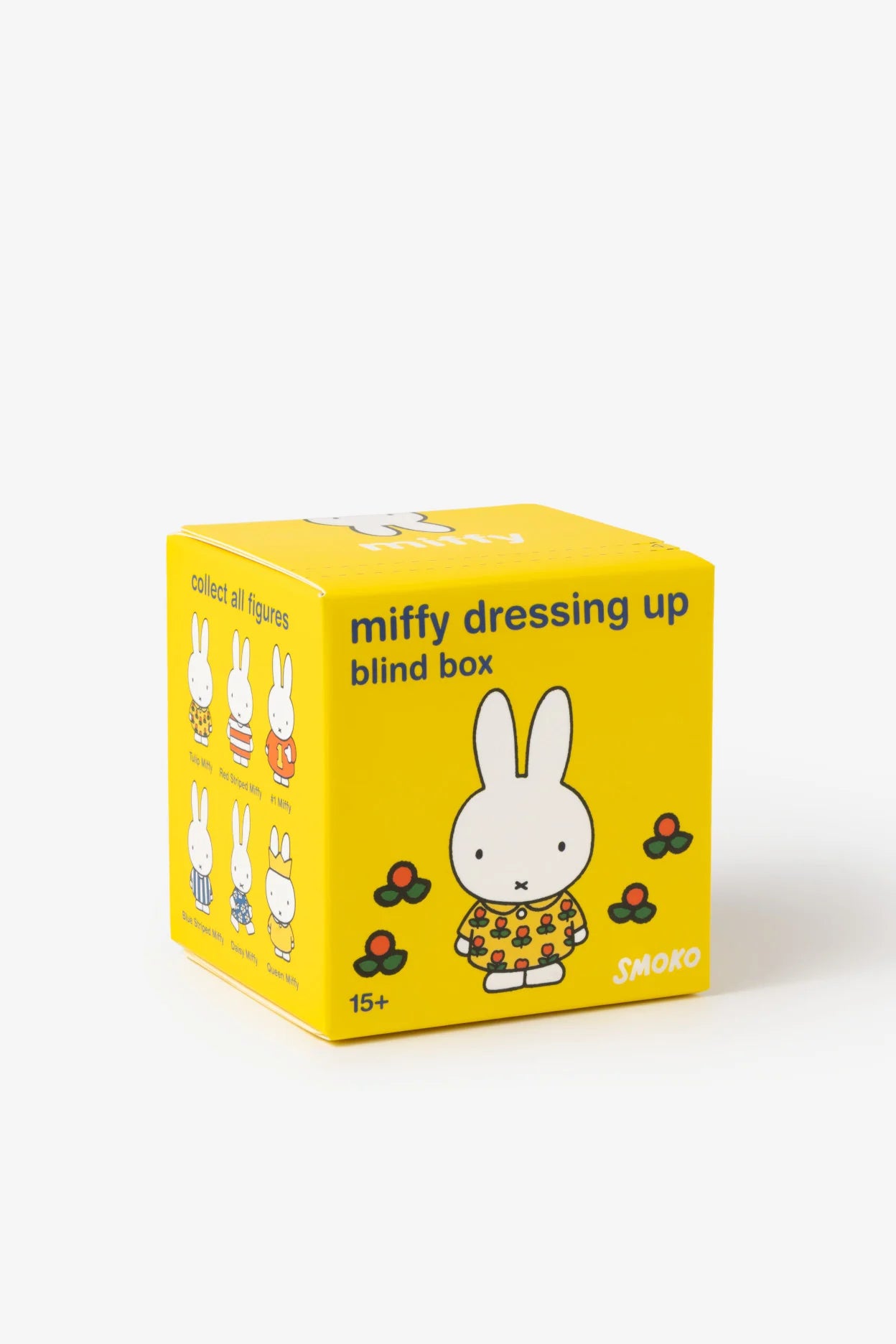 Smoko Miffy Dressing Up Blind Box Figure in bright-yellow packaging, featuring six collectible Miffy variants, each with different outfits. Recommended for ages 15+.