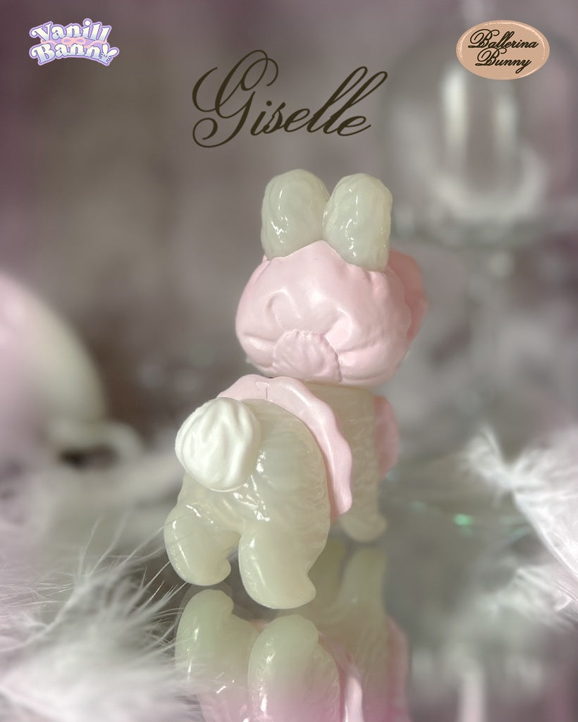 Vanilla Bunny - Ballerina Bunny by Ms LUTRA: A 130mm sofubi figure, showcasing a bunny in a ballerina outfit, detailed with Giselle and brand logos.