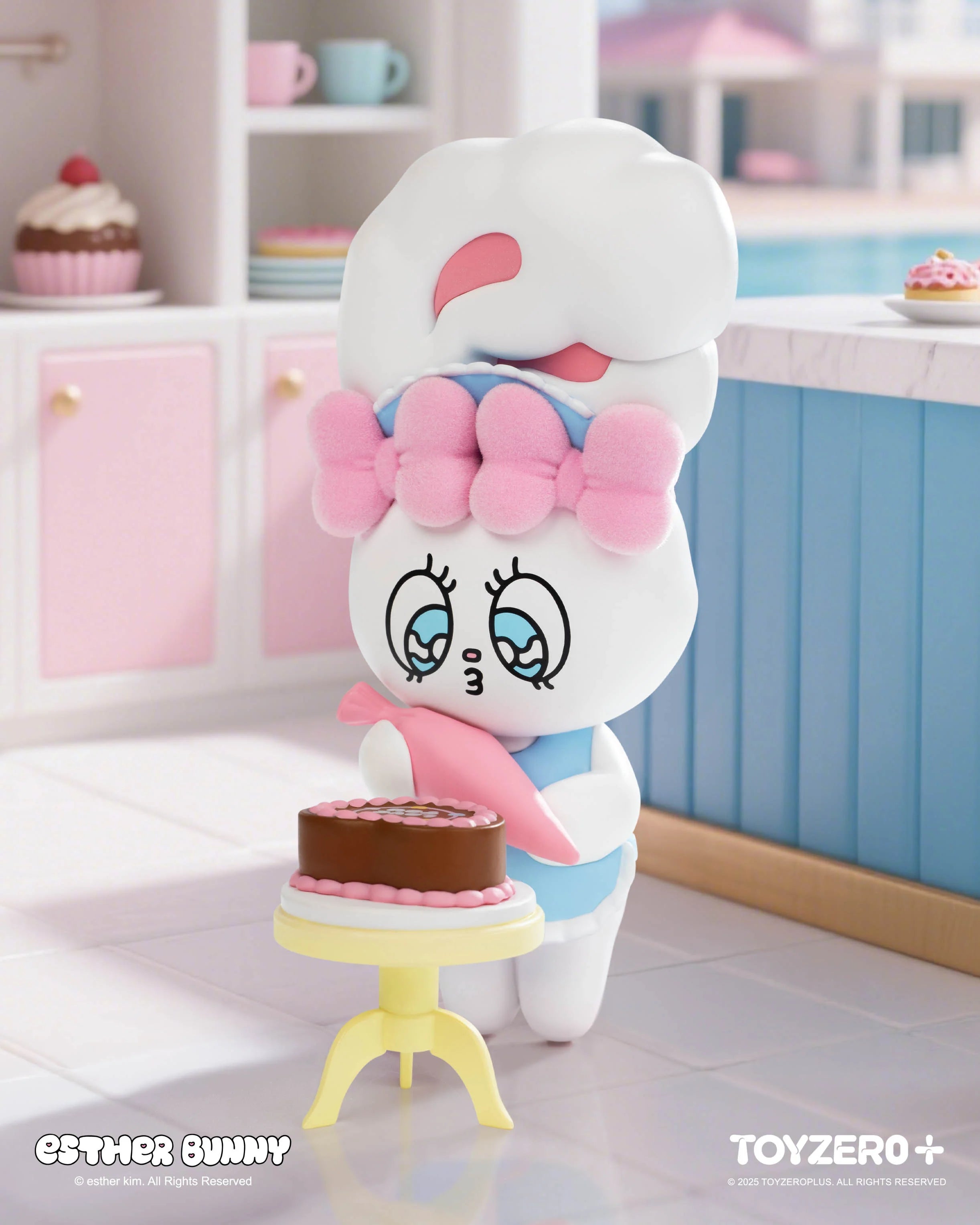 Esther Bunny Holiday Vibe Series Blind Box features a bunny with pink bow piping frosting on cake in a pastel kitchen. Preorder now.