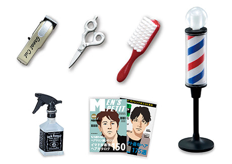 DOBER'S BARBER SHOP Re-ment Blind Box Series featuring barber tools and accessories, including scissors and a hair clipper, part of an 8-design collectible set.