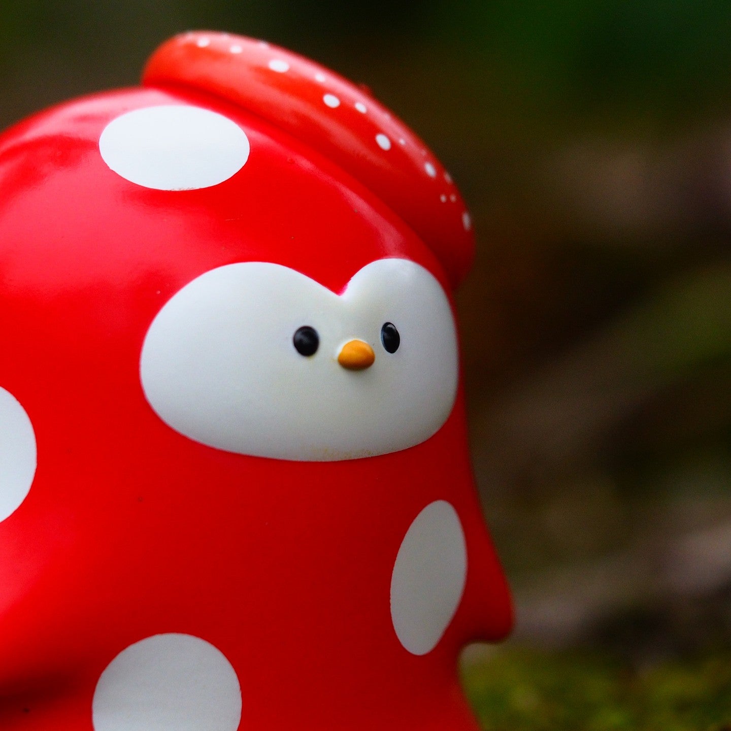 A blind box toy store product: Mushroom Umi preorder. Soft vinyl, 8.5 cm tall. Close-up of red and white toy.