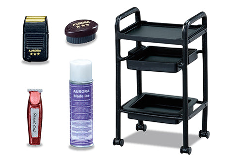 DOBER'S BARBER SHOP Re-ment Blind Box Series on a black cart with a plastic bottle, showcasing collectible designs from Strangecat Toys.