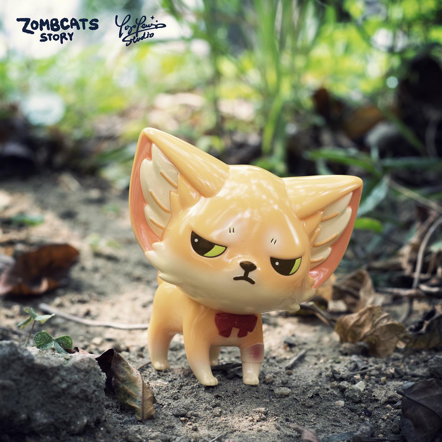 A limited edition Zombcat figurine by Morimei X Yoyo Yeung Studio, featuring Doomsday Fox Kenneth. Soft vinyl, 7cm, limited to 100pcs. Image shows toy animal on the ground.