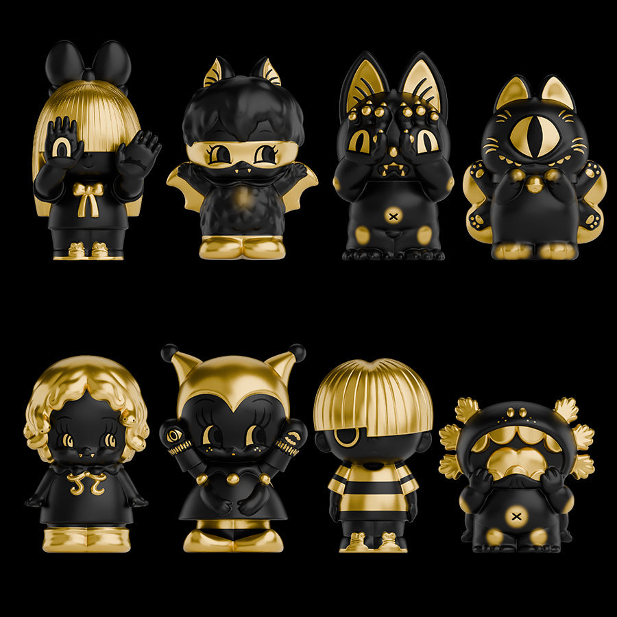 Grape Brain x Abao Black Gold Blind Box - Preorder; features 8 designs, 1 secret option, available June 2025. Ideal for blind box collectors.