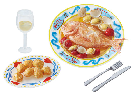 Small street corner trattoria Re-ment Blind Box Series featuring a tabletop setting with a cooked fish plate, fritter balls, and a glass of white wine.