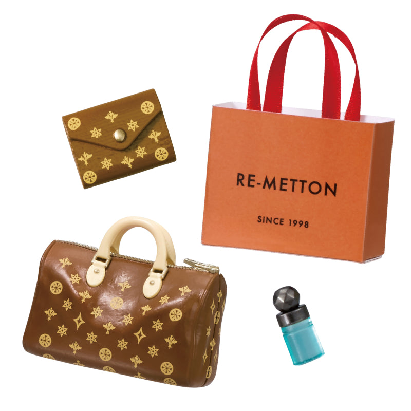 My Sweet Closet Re-ment Blind Box Series featuring a card wallet, handbag, perfume vial, and branded shopping bag from Strangecat Toys.