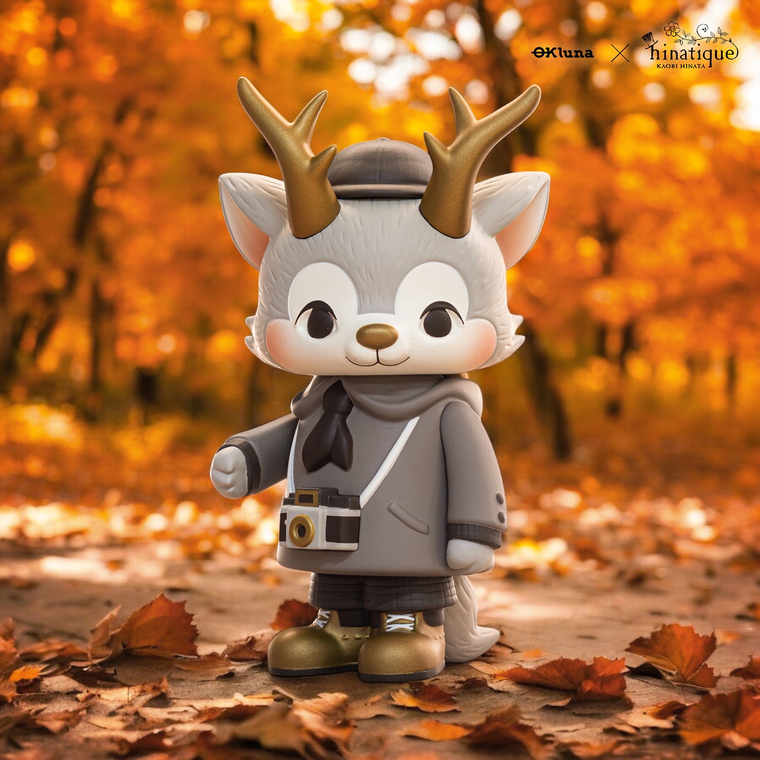 Timothee - The Fox with Antlers 6th edition toy, featuring antlers and a hat, made of soft vinyl, 15cm tall, by OKluna x hinatique.