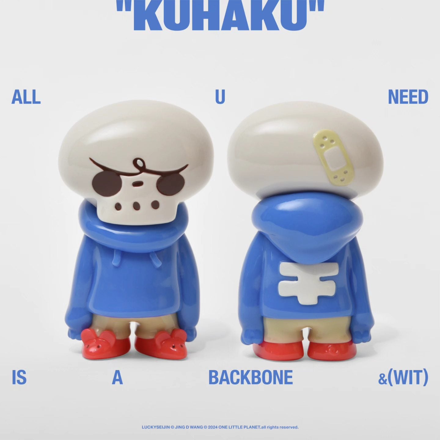 Mini Kuhaku by JD Wang, a vinyl toy figure with a white skull and blue hoodie, captures a cartoon skeleton essence.