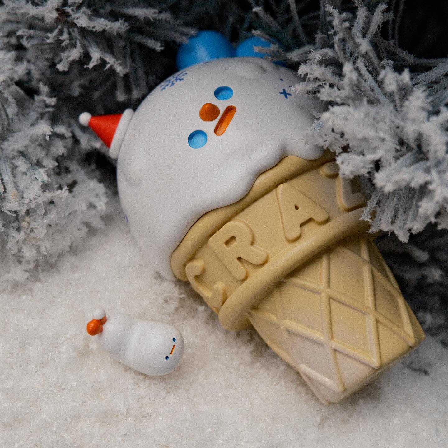 Toy featuring a snowman atop an ice cream cone, part of the Snowball Shrimp Ice Cream & Ice Cream Popcorn Shrimp collection by Crazy Eyes.