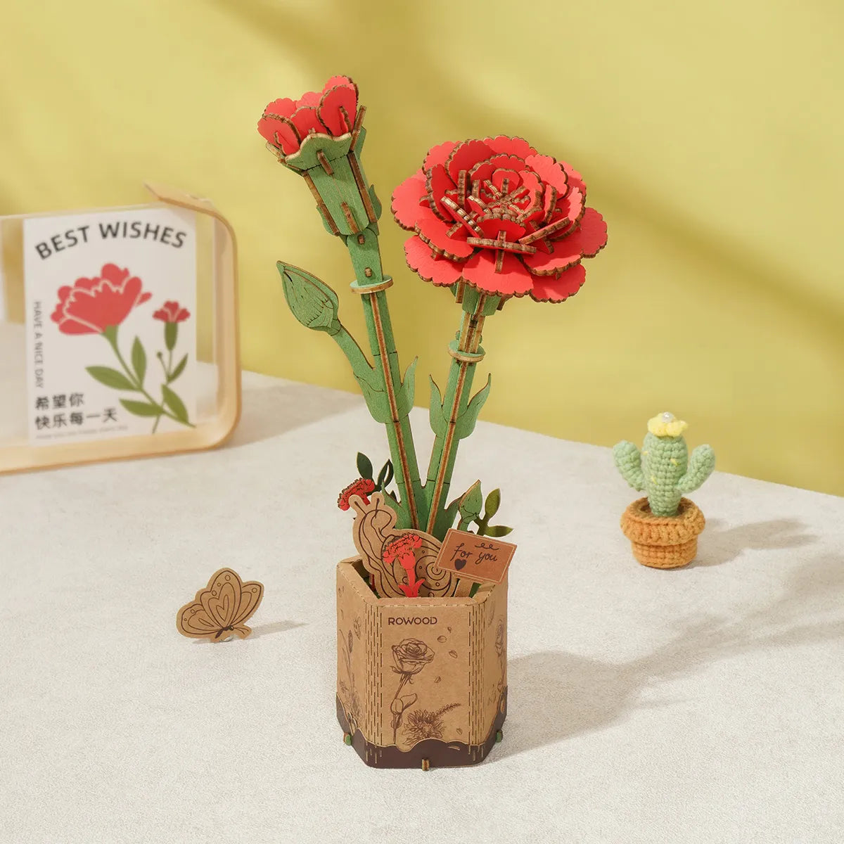 Red Carnation DIY Wooden Flower 3D Puzzle, featuring 96 wooden pieces for assembly, showcasing a vibrant floral design ideal for decoration or gifting.