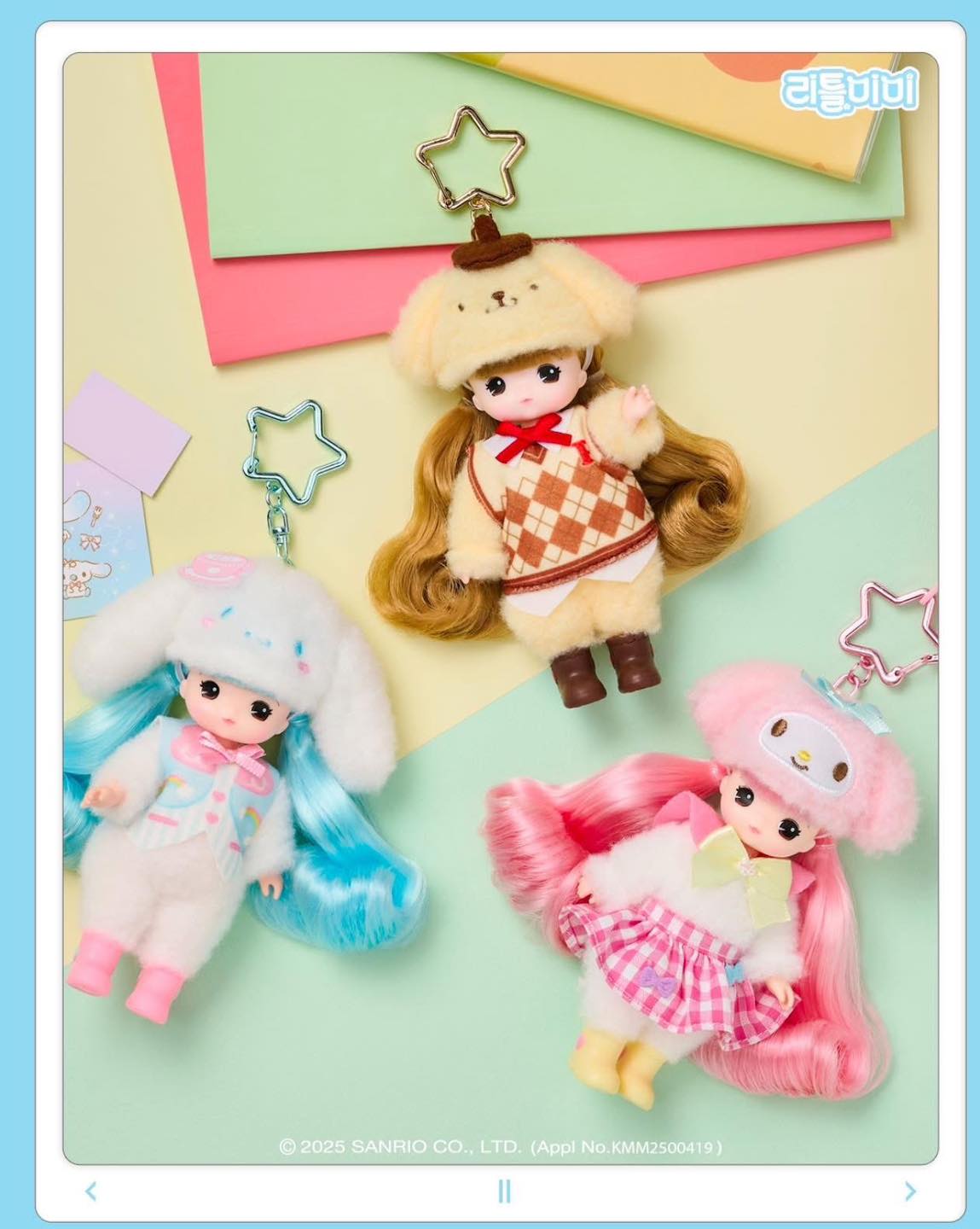 Sanrio x Little Mimi Keychain featuring a doll with pink hair, alongside other toys, highlighting a playful, collectible accessory. Preorder available, shipping May 2025.