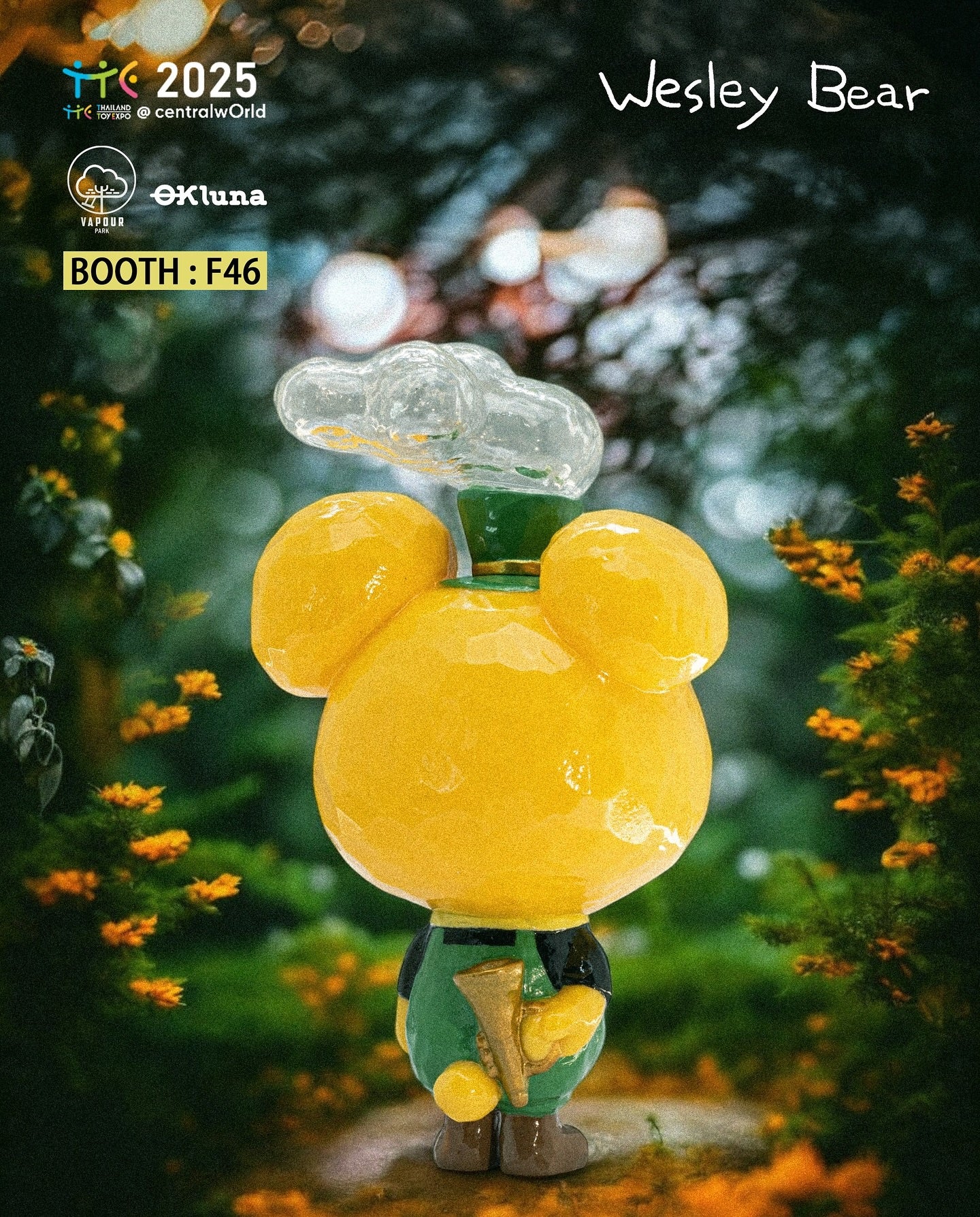 Wesley Bear - Vapour Park Gardener by Ok Luna: A 12cm soft vinyl figure featuring a yellow cartoon character holding a trumpet, available for preorder.