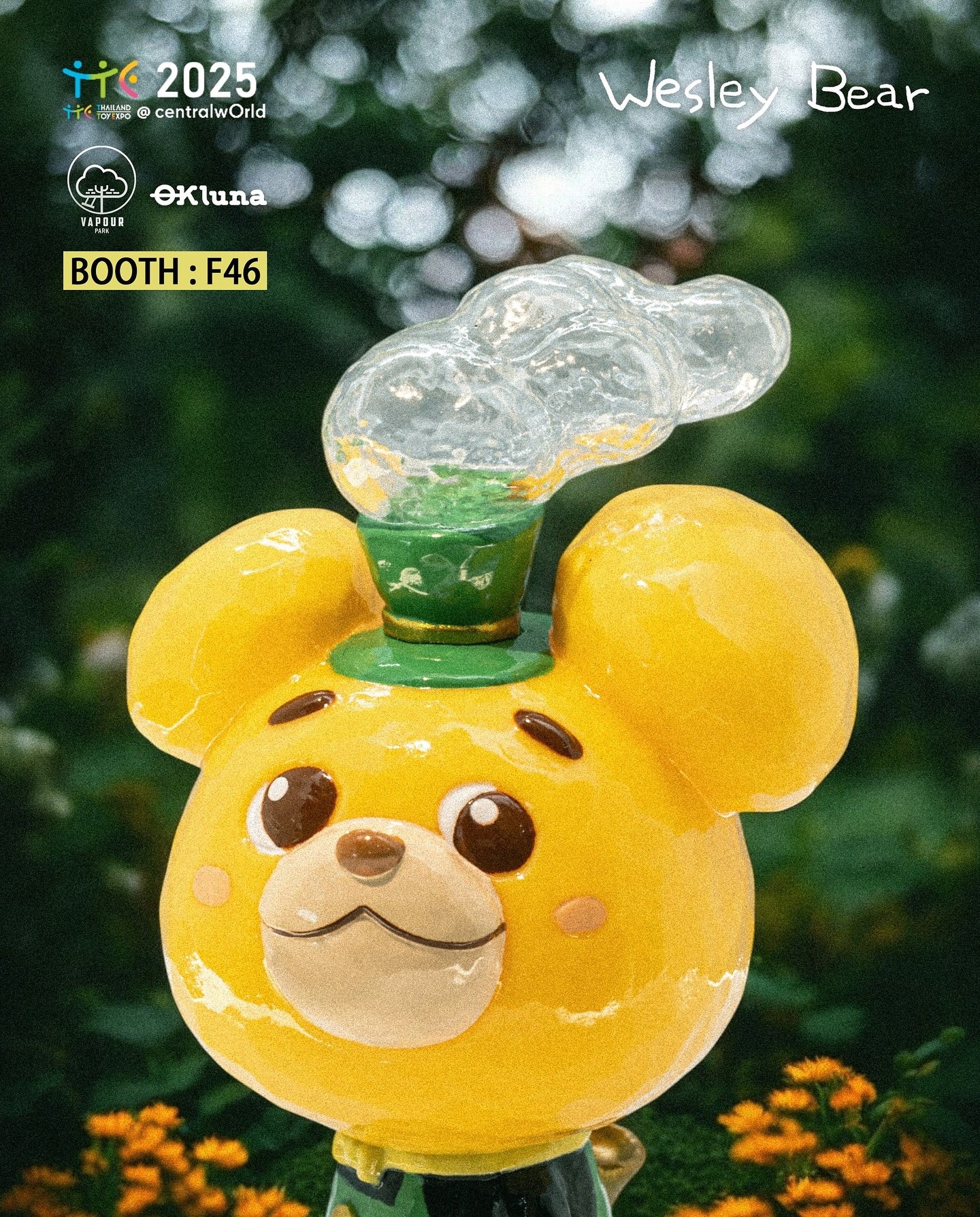 Wesley Bear - Vapour Park Gardener by Ok Luna, a 12cm soft vinyl bear figure with a clear cap, available for preorder at Strangecat Toys.