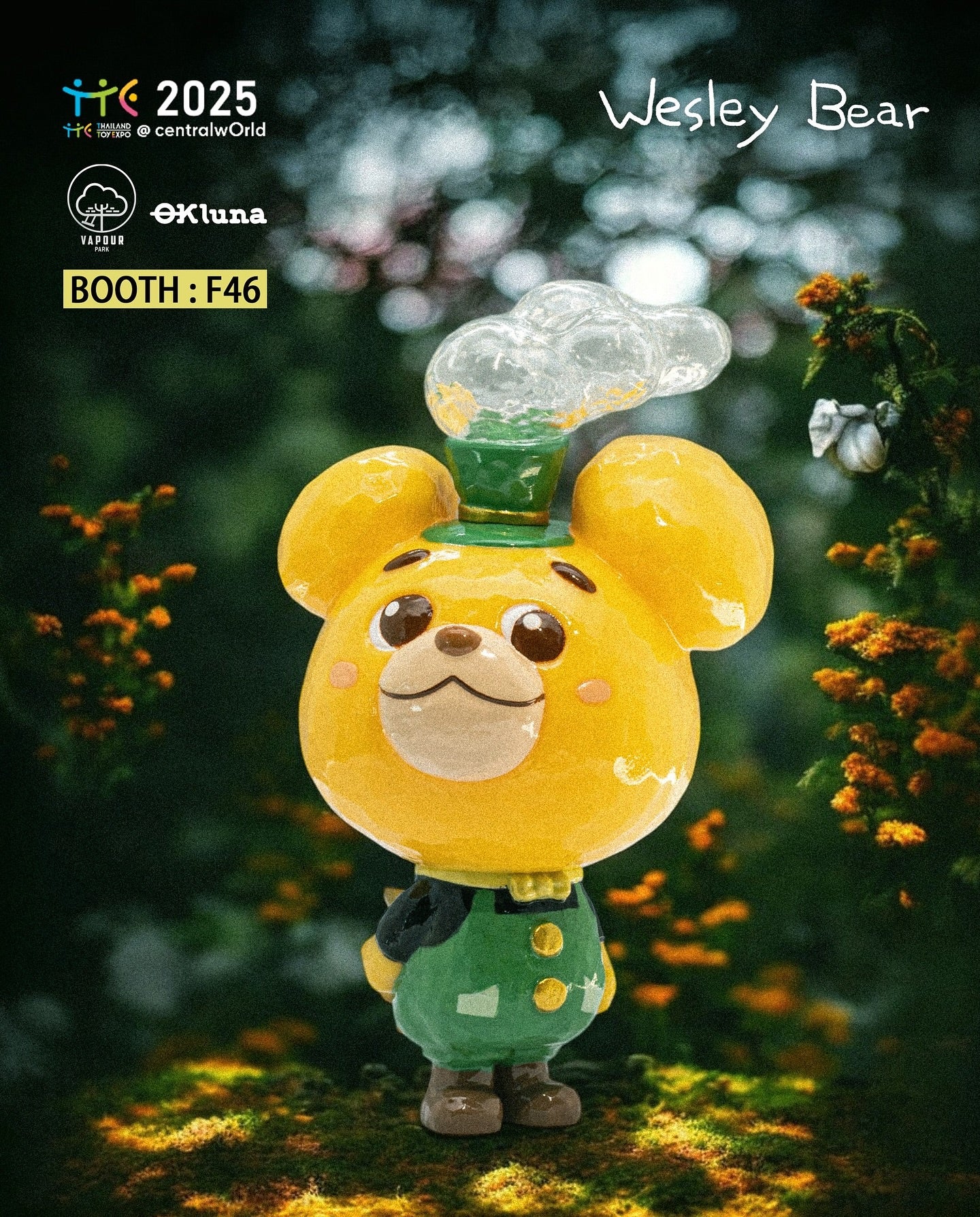 Wesley Bear - Vapour Park Gardener by Ok Luna, a 12cm soft vinyl toy featuring a yellow bear with green attire, available for preorder. Ships late April 2025.