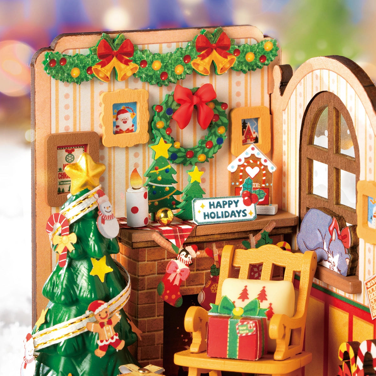 Rolife DIY Miniature House - Christmas Fireplace DS041: A 73-piece handcrafted holiday scene with tree, mantel decor, rocking chair, and cozy cat, capturing festive warmth.